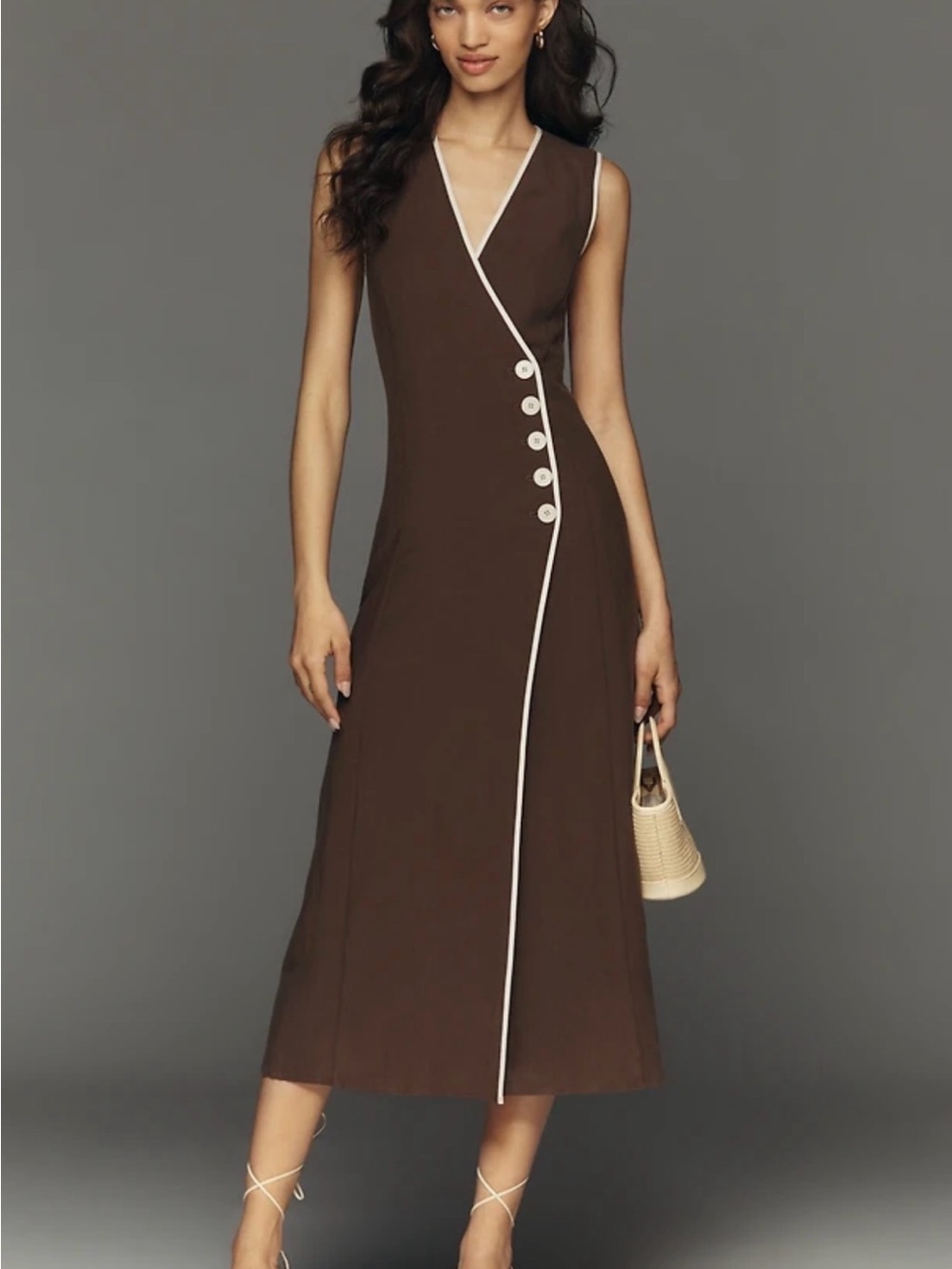 Anthropologie Brown Maxi Wrap Dress with White Trim